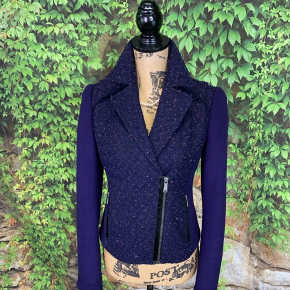 Elie Tahari Jackets & Blazers - ELIE TAHARI Eggplant Wool Tweed Moto Jacket, 2